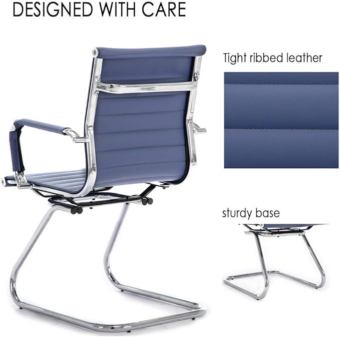 Office Desk Chair No Wheels Set of 6 PU Leather Computer Chairs Mid Back Guest Chairs for School Reception Conference Waiting Room, Navy Blue-DeskLoop Office