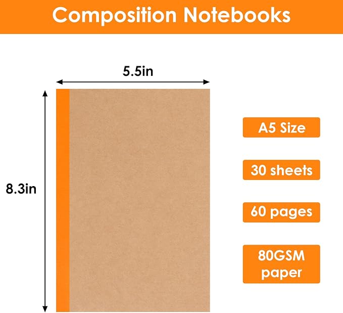 LABUK 5pcs A5 Composition Notebook Journals, Kraft Lined Notebooks Bulk - Image 2
