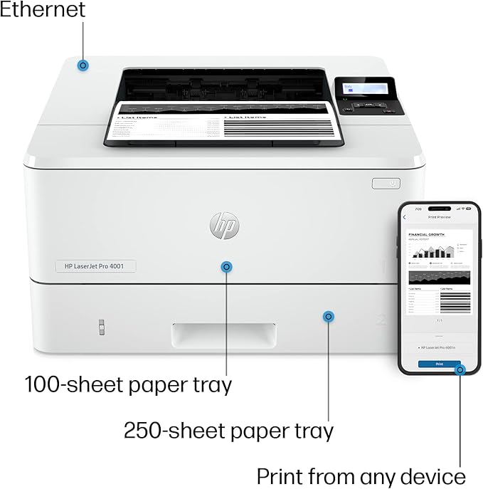 HP LaserJet Pro 4001n Black & White Printer, Print, Fast speeds, Easy setup, Mobile printing, Advanced security, USB, Ethernet Connection, Best-For-Office-DeskLoop Office