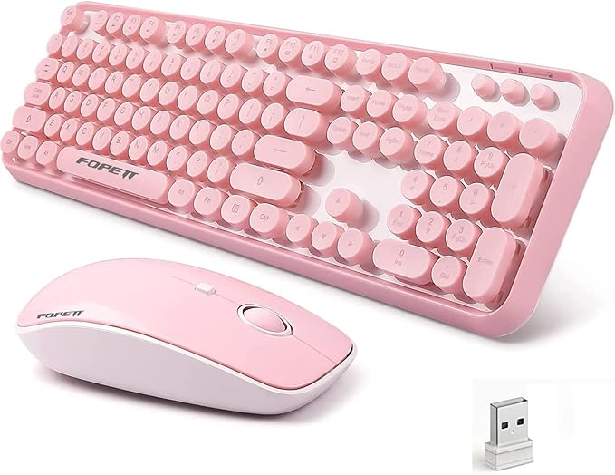 FOPETT Wireless Keyboard and Mouse Combo, 104 Keys Full-Sized 2.4 GHz Round Keycap Colorful Keyboards, USB Receiver Plug and Play, for Windows, Mac, PC, Laptop, Desktop (Pink)-DeskLoop Office