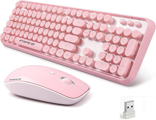 FOPETT Wireless Keyboard and Mouse Combo, 104 Keys Full-Sized 2.4 GHz Round Keycap Colorful Keyboards, USB Receiver Plug and Play, for Windows, Mac, PC, Laptop, Desktop (Pink)-DeskLoop Office