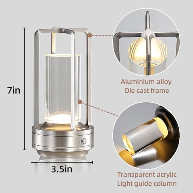 Portable Metal Table Lamp,Rechargeable Cordless LED Lamp for Indoor Outdoor, 3 Colour 4000MA Infinitely Dimming Battery Powered Small Desk Lamp, Restaurant Bedroom Bar Coffee Shop Camping Light-Silver-DeskLoop Office