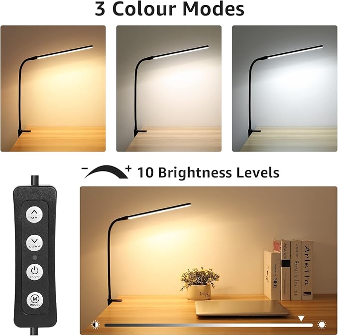 Lepro Clip on Desk Lamp LED Reading light Dimmable USB Small Clamp Lamp with 3 Color Modes 10 Brightness, Adjustable Flexible Gooseneck Table Light for Bed Headboard, Nail, Home Office,Computer(Black)-DeskLoop Office
