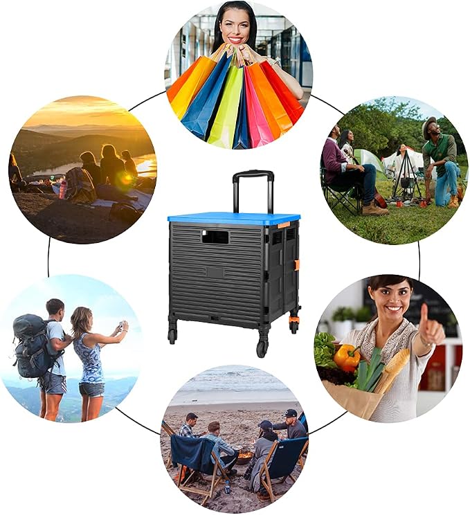 FELICON SELORSS Foldable Utility Cart Folding Portable Rolling Crate-Blue | - Image 6