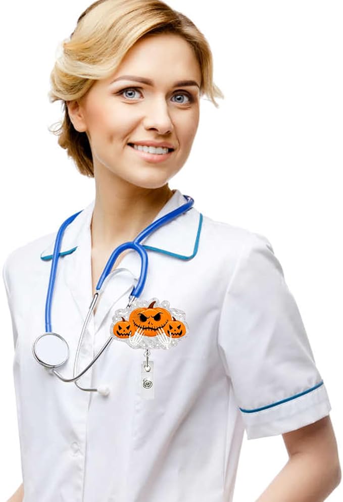 Halloween Pumpkin Badge Reel Cute Glitter Badge Holder Badge Clip Nurse Badge Reel Halloween Handbone Retractable Name Badge Name Tag Holder Nursing Student Social Worker Gift for Coworker-DeskLoop Office