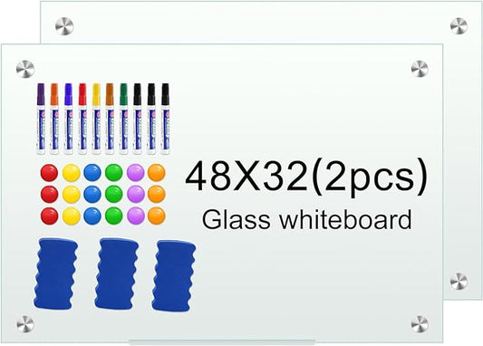 H-Qprobd Glass White Board for Wall Dry Erase Board 48" x 32" (2pcs) Magnetic Presentation Whiteboard for Home, Office and School-DeskLoop Office
