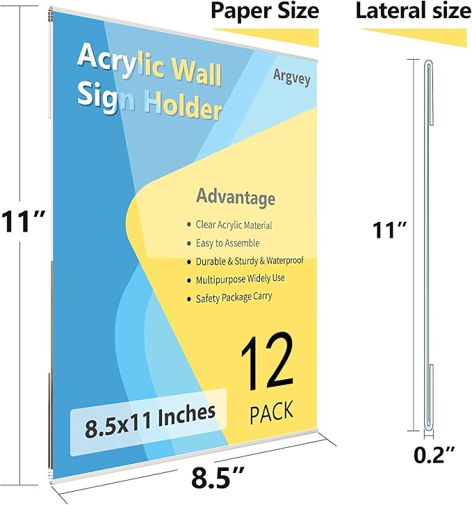 Argvey Acrylic Sign Holder 8.5 x 11 Wall Mount, Vertical Wall Sign Holder - Image 3