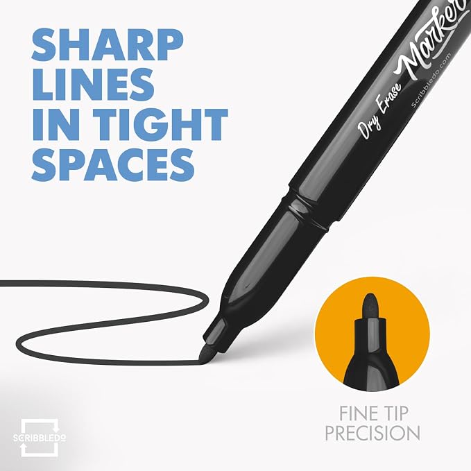 Scribbledo 4 Pack Fine Tip Dry Erase Markers Black Low-Odor Whiteboard Markers - Image 3