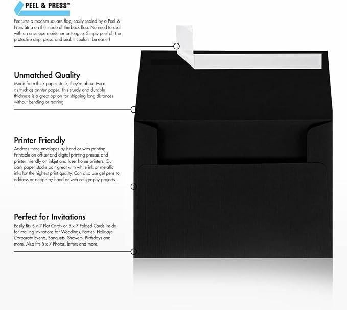 LUXPaper A7 Invitation Envelopes | Peel & Press | 5 1/4" x 7 1/4" | Black Linen - Image 8