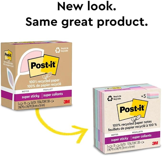 Post-it 100% Recycled Paper Super Sticky Notes, 3 in. x 3 in., 5 Pads, 70 - Image 9