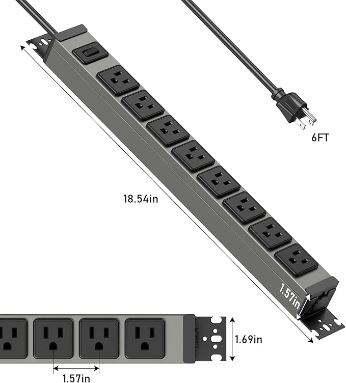 JUNNUJ Heavy Duty Power Strip 8 Outlet Wall Mount, Metal 20 Amp Surge Protector 1200J, Garage Industrial Outlets 6-20R T-Slot, 6FT 12AWG Extension Cord.-DeskLoop Office