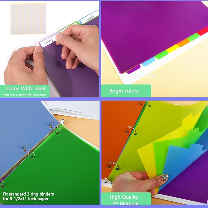 Binder Dividers for 3 Ring Binder, 8 Tab Set, Durable Plastic Tabs - Image 4