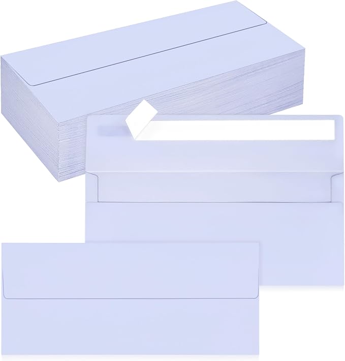 100 Pack #10 Business Envelopes, Self Seal Standard Lavender Envelopes by QIKSION