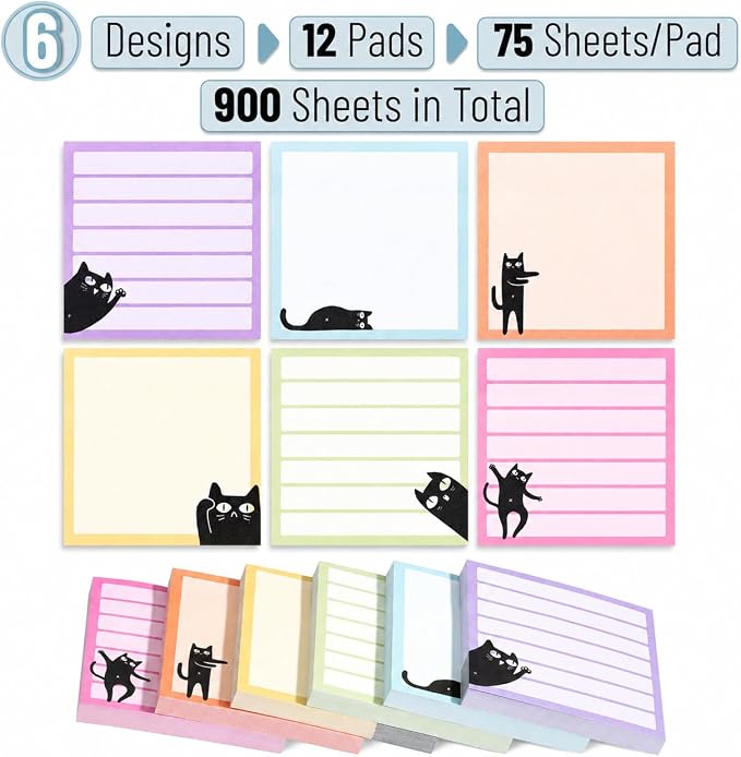 Mr. Pen- Black Cat Sticky Notes Set, 12 Pads, 900 Sheets | Black Cat Sticky - Image 2