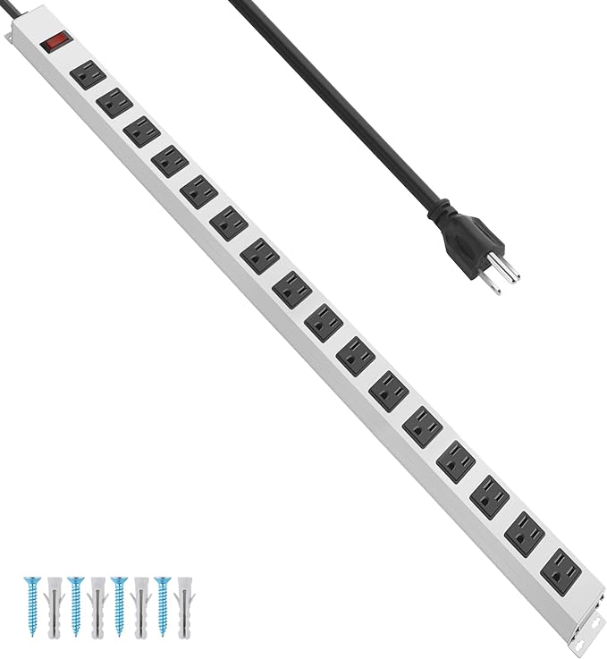 JUNNUJ Metal 16 Outlet Power Strip, Mountable Heavy Duty Power Strip, 1200J Surge Protector Wall Mount Screws Outlet with Switch, Gaming Desk Strips Wide Spaced 15A 125V 1875W, 10 FT 14AWG Power Cord-DeskLoop Office