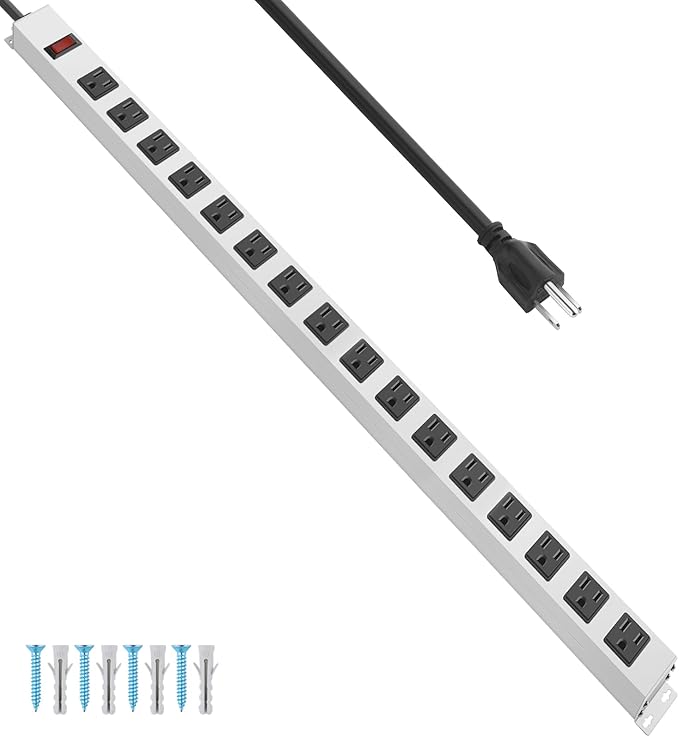 JUNNUJ Metal 16 Outlet Power Strip, Mountable Heavy Duty Power Strip, 1200J Surge Protector Wall Mount Screws Outlet with Switch, Gaming Desk Strips Wide Spaced 15A 125V 1875W, 6 FT 14AWG Power Cord-DeskLoop Office