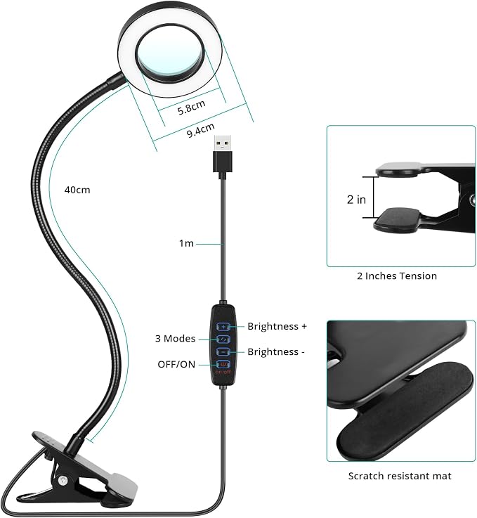 Woputne 5X Magnifying Glass Desk Clip Lamp, 10 Brightness, 3 Color Modes - Image 6