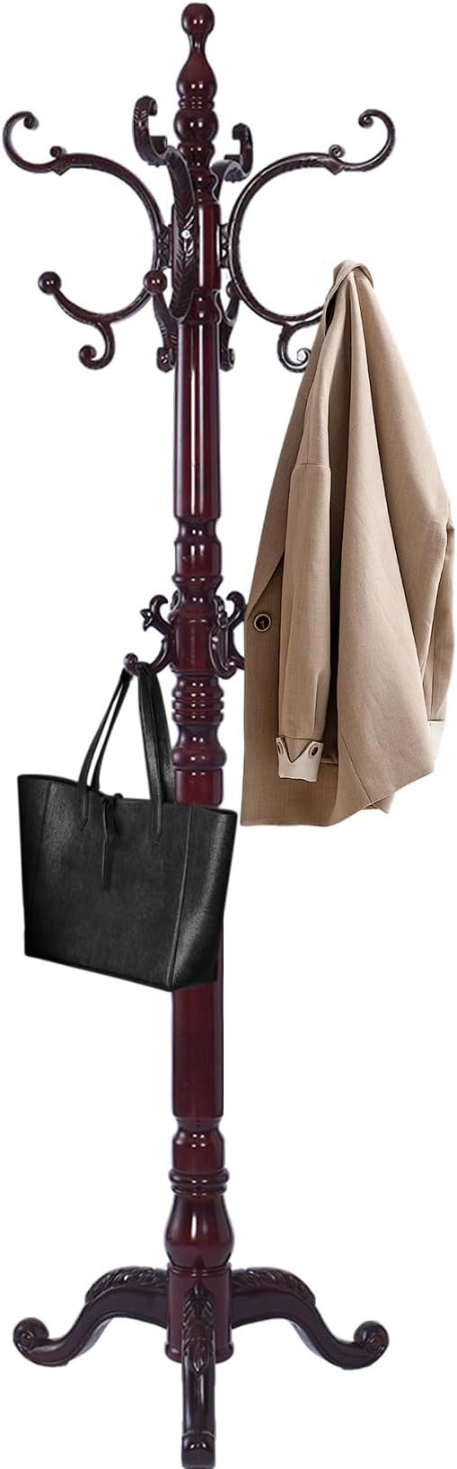 Wooden Coat Racks, Retro 78" Coat Tree with 14 Hooks & Stable Triangular Base, Entryway Coat Rack Freestanding for Hat, Clothes, Scarves, Handbags, Umbrella (Mahogany)-DeskLoop Office