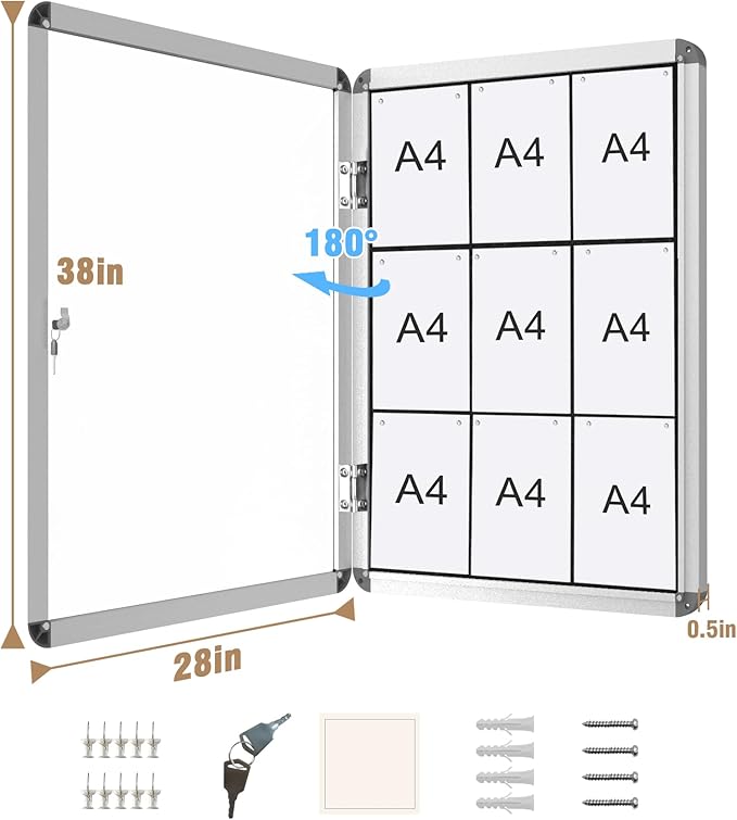 38"x28" Enclosed Bulletin Board, Lockable Weather-Resistant Aluminum Cork Noticeboard for School & Office, Silver Frame w/Black Flet-DeskLoop Office