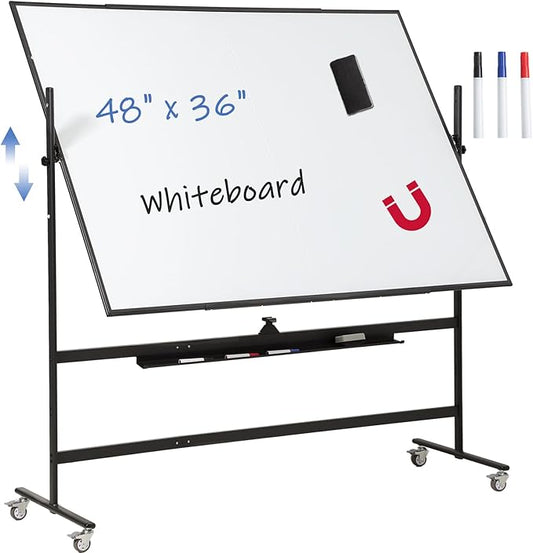 FORTUNO Magnetic Mobile Whiteboard 48"x36", Rolling Double Sided Dry Erase Board with Stand, Reversible Adjustable Height/Angle Easel White Board on Wheels 4' x 3' for Office Classroom Home, Black-DeskLoop Office
