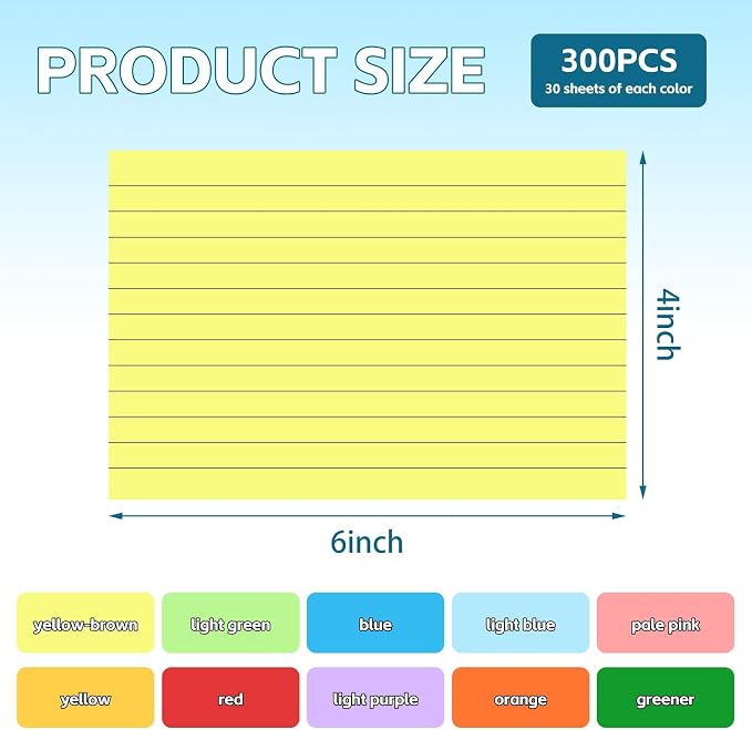 Tecmisse Colored Index Cards 4x6, 300 Pack, 10 Colors Ruled Note Cards - Image 2