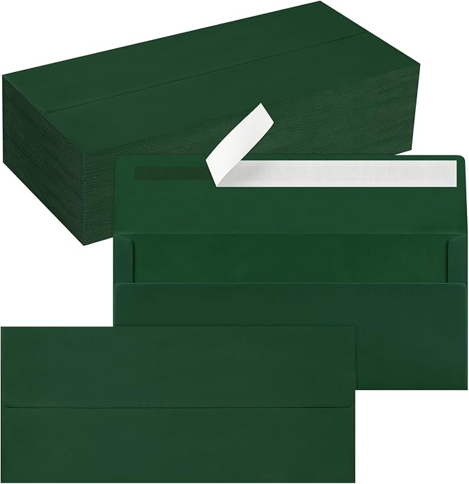 100 Pack #10 Business Envelopes, Self Seal Standard Christmas Dark Green by QIKSION