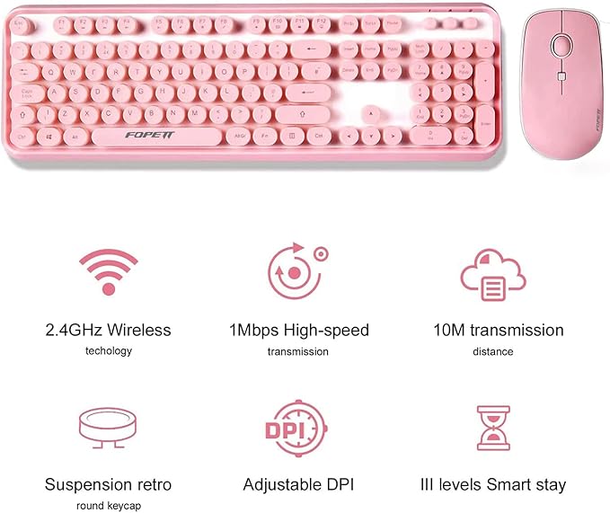 FOPETT Wireless Keyboard and Mouse Combo, 104 Keys Full-Sized 2.4 GHz Round Keycap Colorful Keyboards, USB Receiver Plug and Play, for Windows, Mac, PC, Laptop, Desktop (Pink)-DeskLoop Office