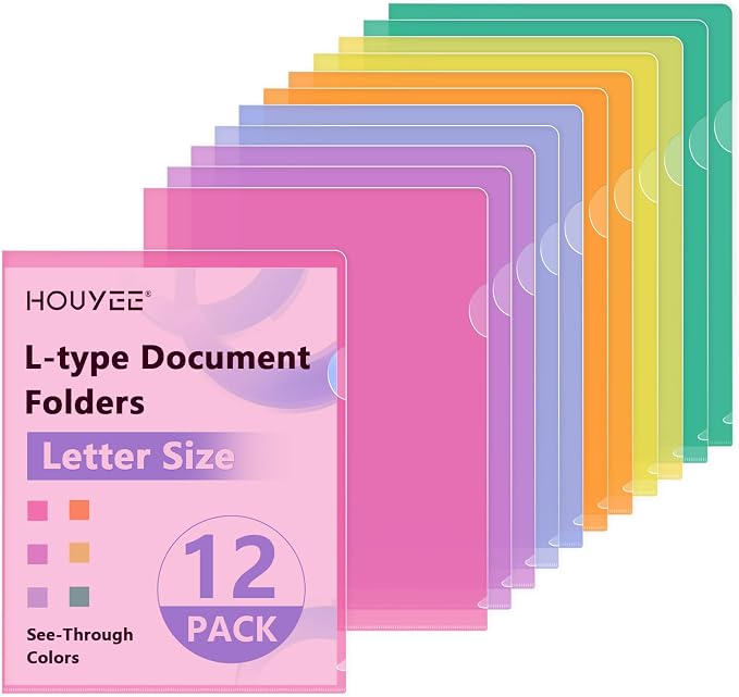 HOUYEE 12 Pack Clear Document Folders, L-Type Plastic File Folder Sleeves by HOUYEE