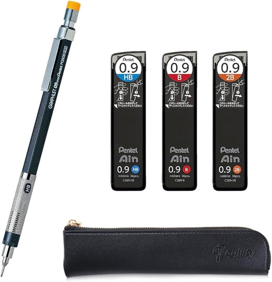 Graphlet Mechanical Drafting Pencil + Ain HB/B/2B leads, original Black slim pen case (0.9mm)