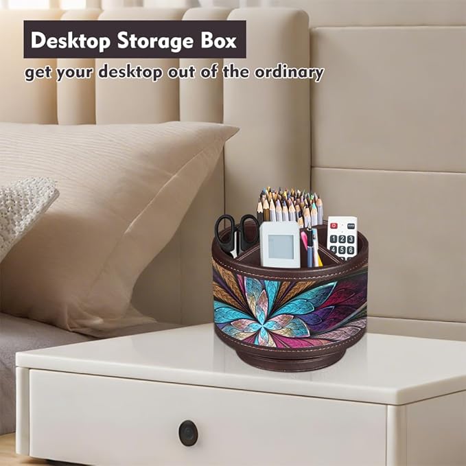 Rotating Pen Holder for Desk, Leather Pencil Pen Organizer Remote Control Holder Table Desktop Nightstand Organizer Caddy Storage, Office Desk Organizers And Accessories 5.5x5.5x4.0 Inch-DeskLoop Office