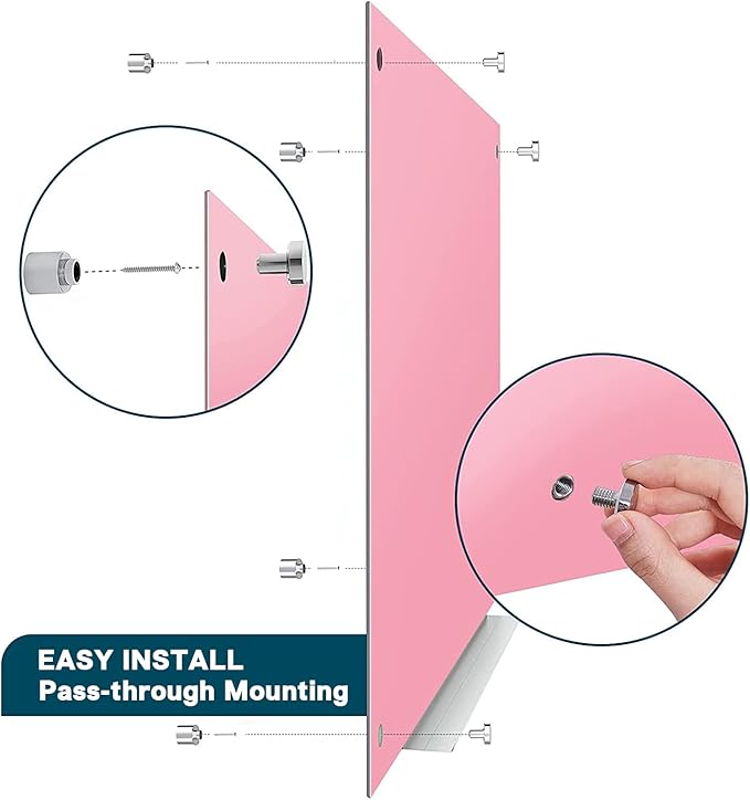 J&J worldwide Magnetic Glass Whiteboard, Wall Mounted Glass Dry Erase Board 47 x 35 Inch, Pink Surface, Frameless with Markers, Magnets, Marker Tray, Eraser for Office, Home, School-DeskLoop Office