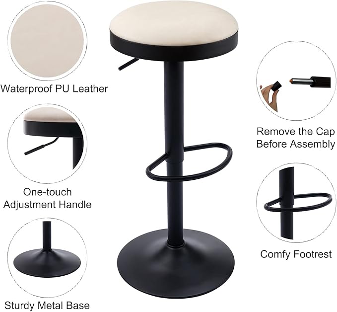 Round Swivel Counter Height Bar Stools Set of 4 Modern Adjustable Barstools Backless PU Leather Bar Chairs Industrial Island Chairs with Metal Base/Footrest for Kitchen Island/Pub/Bar, Beige-DeskLoop Office
