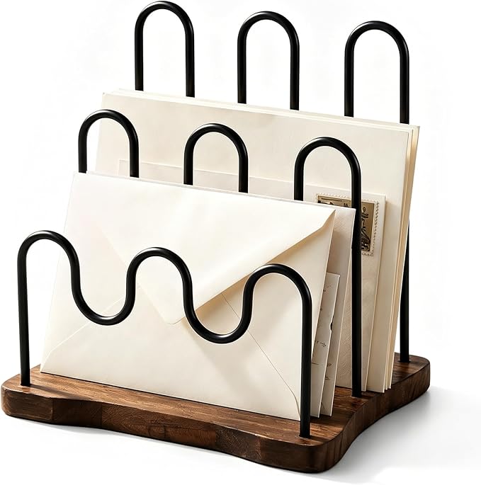 SiliFine Desktop Metal Mail Organizer, Wood Base Desktop 3-slot Letter Holder by SiliFine
