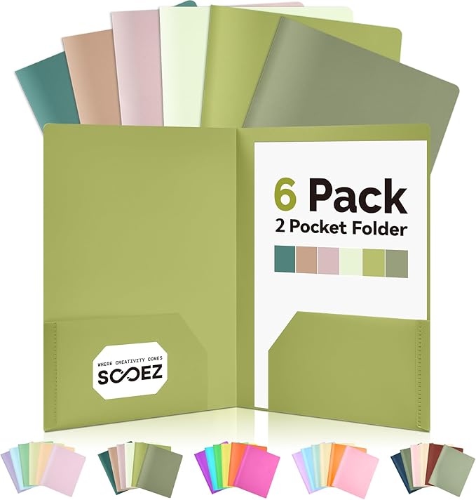 Sooez 6Pack Folders with Pockets, Pocket Folders with Extra Labels, Plastic by Sooez