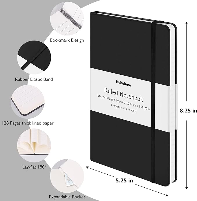 Huhuhero 10 Colors Lined Journal Notebook, A5 Hardcover Notebooks for Work, 120GSM Thick Paper, 128 Pages College Ruled Notebook for Writing Business Journaling, 5"×8.25"-DeskLoop Office
