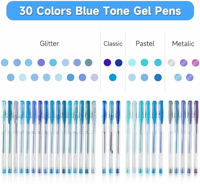 Shuttle Art 60 Pack Blue Tone Gel Pens, 30 Blue Tone Gel Pens with 30 Refills for Adults Coloring Books Journaling Drawing Nature, Landscapes, Animals Scenes-DeskLoop Office