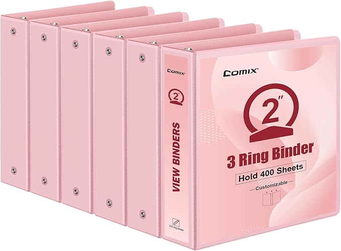 COMIX Standard 3 Ring Binder 2 inch with Clear View Cover, 2" Round Ring View Binder Holds 400 Sheets of US Letter Size Paper, 6 Pack (Pink)-DeskLoop Office