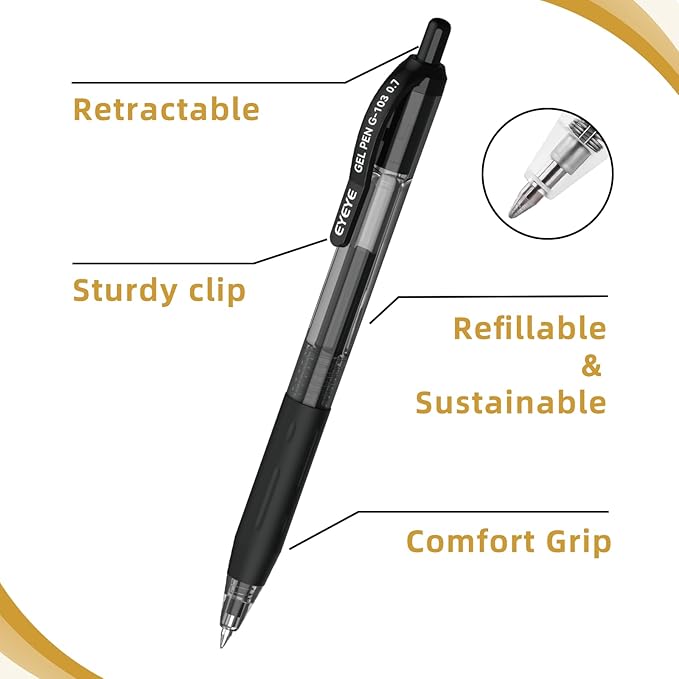 EYEYE G-103 Black Gel Pens 0.7mm, 10 Pack Retractable Medium Point Ballpoint - Image 3