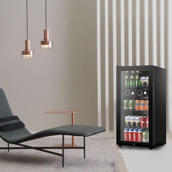 LANG Beverage Refrigerator, 4.5 Cu.Ft, Mini Fridge with Glass Door for Soda Beer, Freestanding Beverage Cooler for Office, Bar, Adjustable Shelving&Adjustable Foot-DeskLoop Office