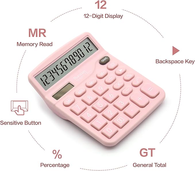 Basic Office Desktop Calculator - 12 Digit Large LCD Display, Sensitive Buttons for Pink Office Supplies and School Supplies-DeskLoop Office