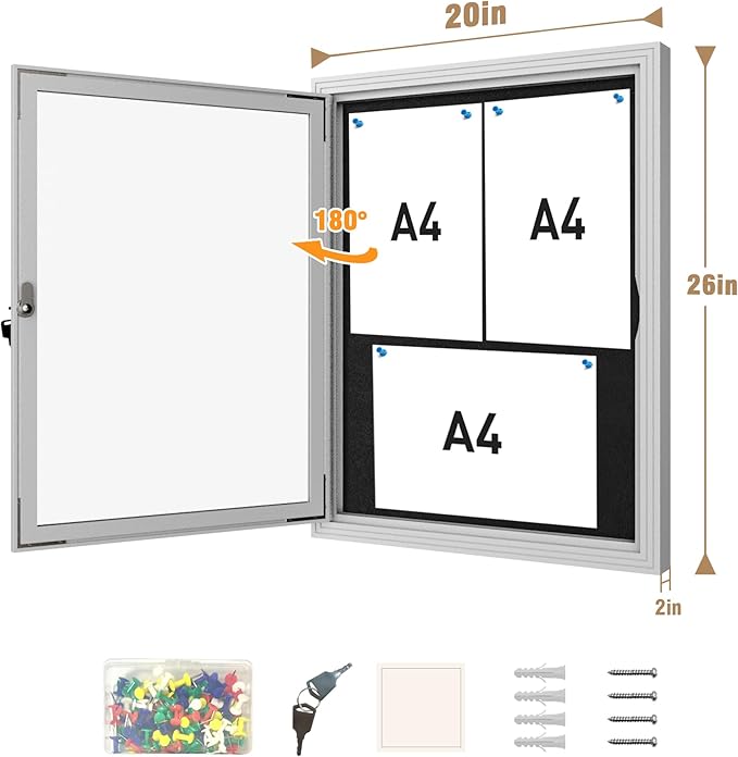 26"x20" Enclosed Bulletin Board, Outdoor Lockable Weather-Resistant Aluminum Cork Noticeboard for School & Office, Silver Frame w/Black Flet-DeskLoop Office