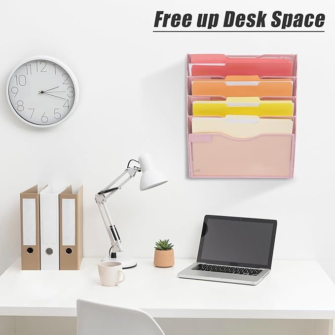 EASEPRES 5 Pocket Mesh Hanging Wall File Organizer, Wall Mounted Mail Paper Document Folder Holder, Clipboard Storage Organization Magazine Rack with Nametag Label for Office Home School, Pink-DeskLoop Office
