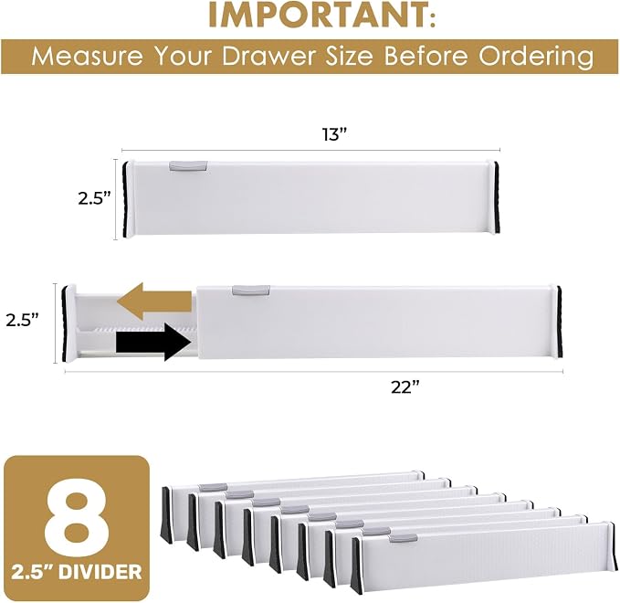 RAPTUROUS Adjustable Drawer Dividers, 2.5" Tall, Expandable 13-22", Non-Slip - Image 2