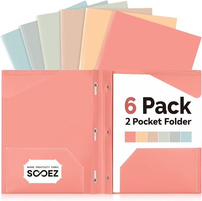 Sooez Plastic Folders with Pockets and Prongs, 6 Pack Pocket Folders with Prongs by Sooez