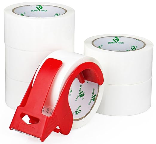 BOMEI PACK White Packing Tape with Dispenser, 2.4 Mil 1.88 Inch x 60 Yards, 6 Refills Rolls White Tape for Box Moving, Shipping and Packaging-DeskLoop Office