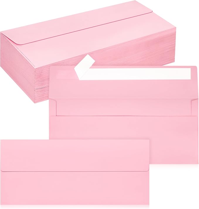 100 Pack #10 Business Envelopes, Self Seal Standard Pink Envelopes by QIKSION