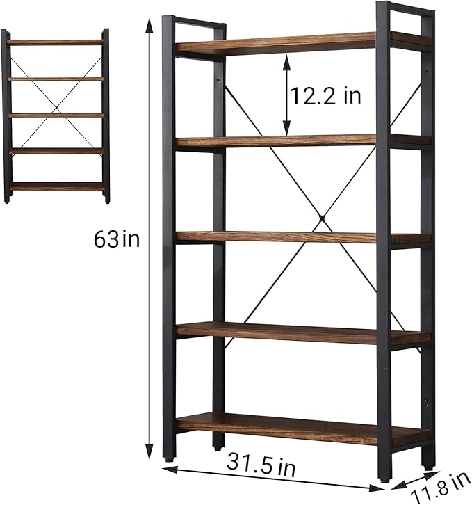 5 Tier Bookcase, Solid Wood Bookshelf Rustic Vintage Industrial Etagere Bookcase, Metal and Wood Free Vintage Bookshelf, Retro Brown (Real Wood) (5-Tiers)-DeskLoop Office