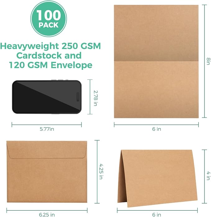 Ohuhu Blank Brown Kraft Cards and Envelopes 100 Pack - Image 2