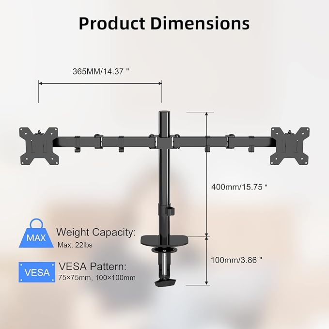 Pholiten Dual Monitor Stand,Heavy Duty Adjustable Monitor Desk Mount for 2 Screens up to 38Inches,Dual Monitor Arm with Height Adjustable Tilt Swive Rotate,Holds up to 22 lbs-DeskLoop Office