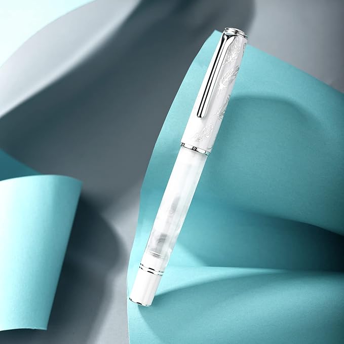 Hongdian N8 White Acrylic Resin Fountain Pen, Iridium Medium Nib Silver Plated Feather Carving Cap Smooth Writing Pen with Converter and Metal Pen Box Set